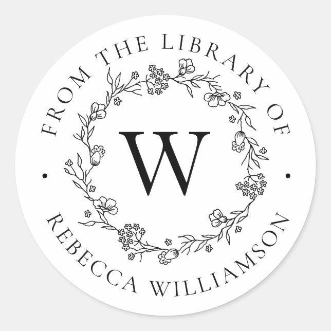 Monogram Floral Wreath From the Library Bookplate Classic Round Sticker (Front)