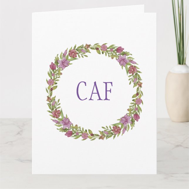 Monogram Floral Wreath Note Card (Front)
