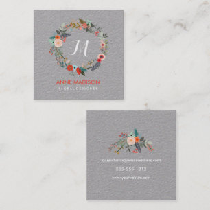 Monogram Floral Wreath Square Square Business Card