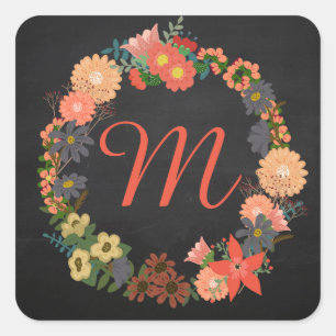 Monogram Floral Wreath, Square Stickers