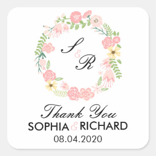 Monogram Floral Wreath Wedding Thank You Sticker
