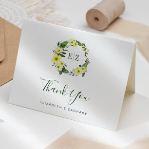 Monogram Floral Yellow Green Wedding Thank You Card