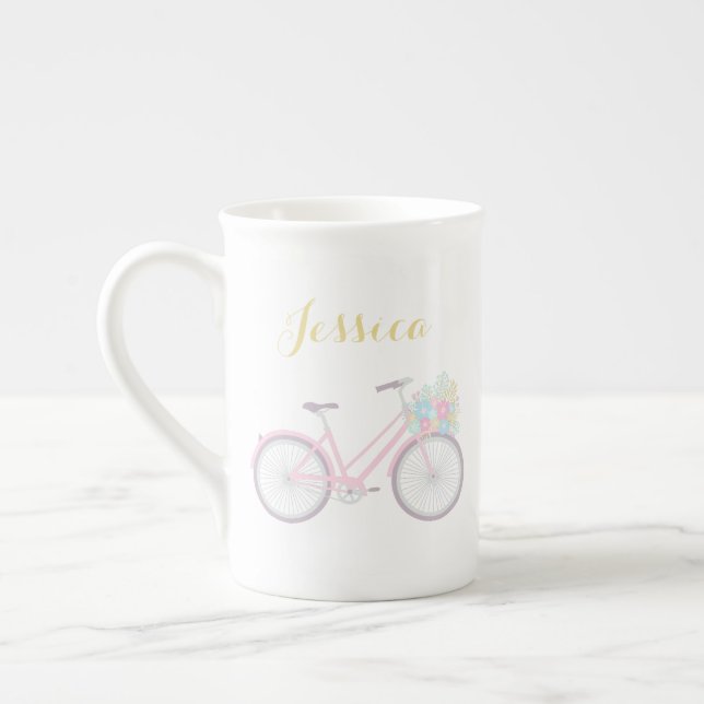 Monogram Flower Bicycle Cute Pastel China Mug (Left)
