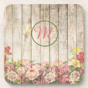 Monogram Flower Garden at Wooden Fence Coaster