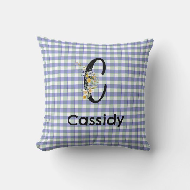 Monogram  flower gingham blue green pattern cushion (Front)