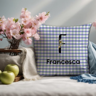Monogram  flower gingham blue green pattern cushion