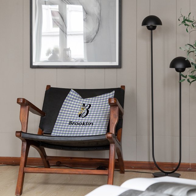 Monogram flower gingham blue green pattern cushion (Creator Uploaded)