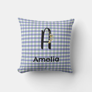 Monogram  flower gingham blue green pattern cushion