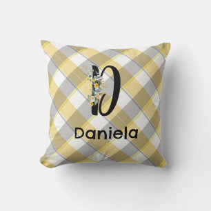 Monogram flower gingham blue grey cushion