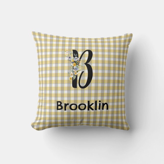 Monogram flower gingham blue grey pattern cushion (Front)