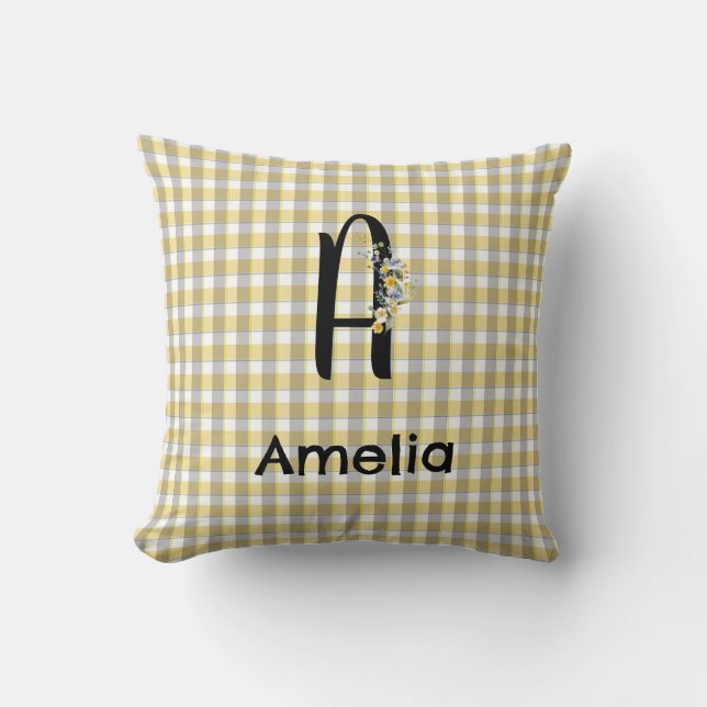 Monogram  flower gingham yellow grey pattern cushion (Front)