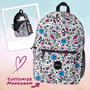 Monogram Flower Pattern blue Swirl Berry White -  Printed Backpack