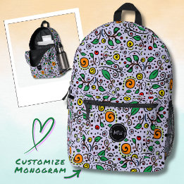 Monogram Flower Pattern orange Swirl Berry Lilac Printed Backpack