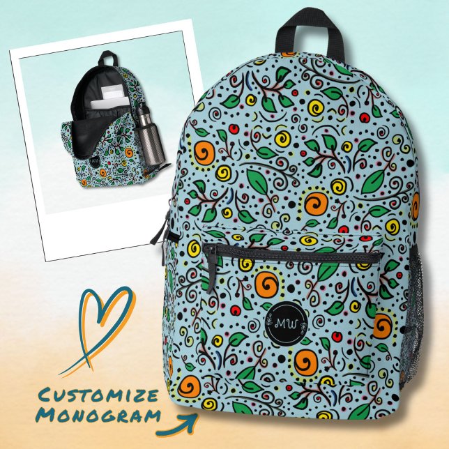 Monogram Flower Pattern orange Swirl Berry on Teal Printed Backpack (Creator Uploaded)