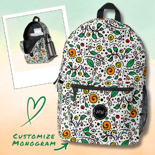 Monogram Flower Pattern orange Swirl Berry White Printed Backpack