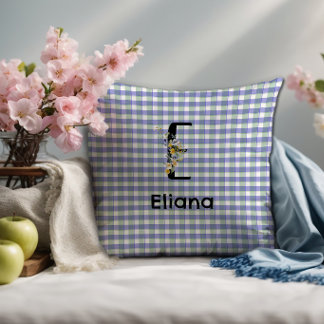 Monogram  flower retro gingham blue green  cushion