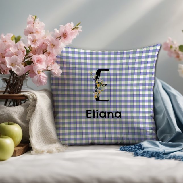 Monogram  flower retro gingham blue green  cushion (Creator Uploaded)