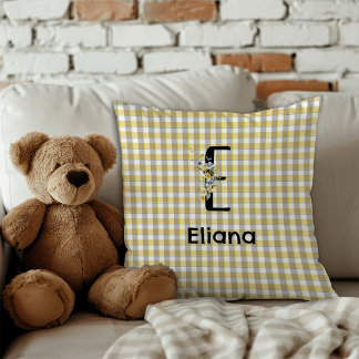 Monogram  flower retro gingham blue grey  cushion