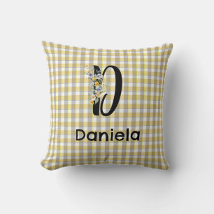 Monogram  flower retro gingham blue grey  cushion