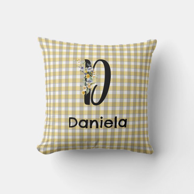 Monogram  flower retro gingham blue grey  cushion (Front)