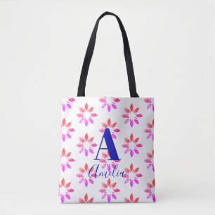 Monogram Flower Watercolor Retro Pattern Hot Pink Tote Bag
