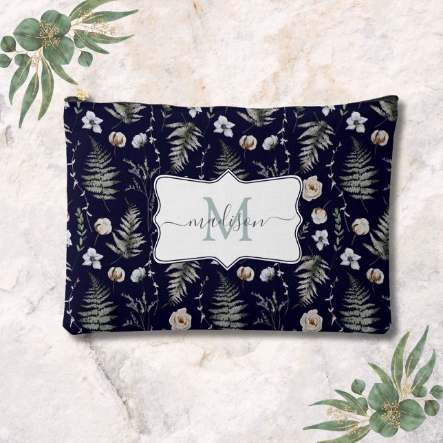 Monogram Flowers and Fern Leaves Floral Botanical Accessory Pouch (In situ)