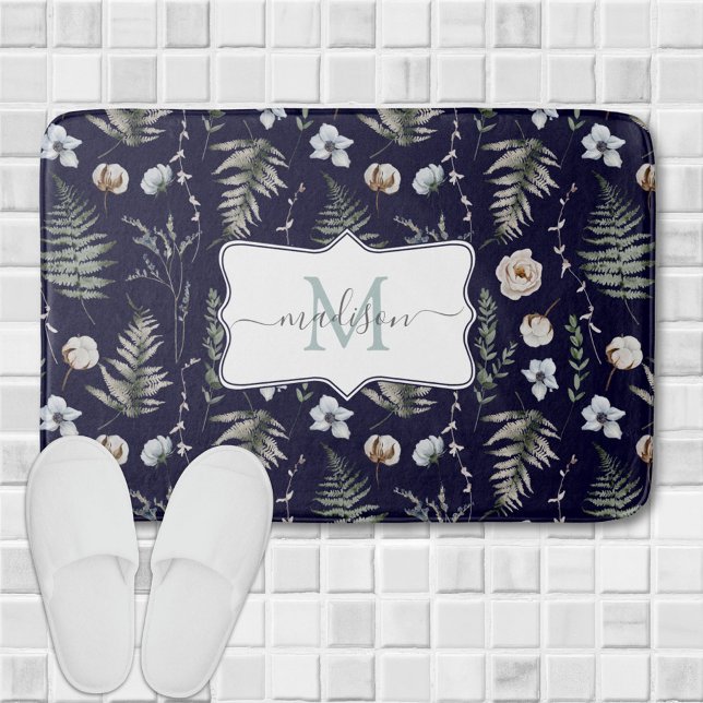 Monogram Flowers and Fern Leaves Floral Botanical Bath Mat (In situ)