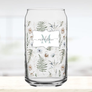 Monogram Flowers and Fern Leaves Floral Botanical Can Glass