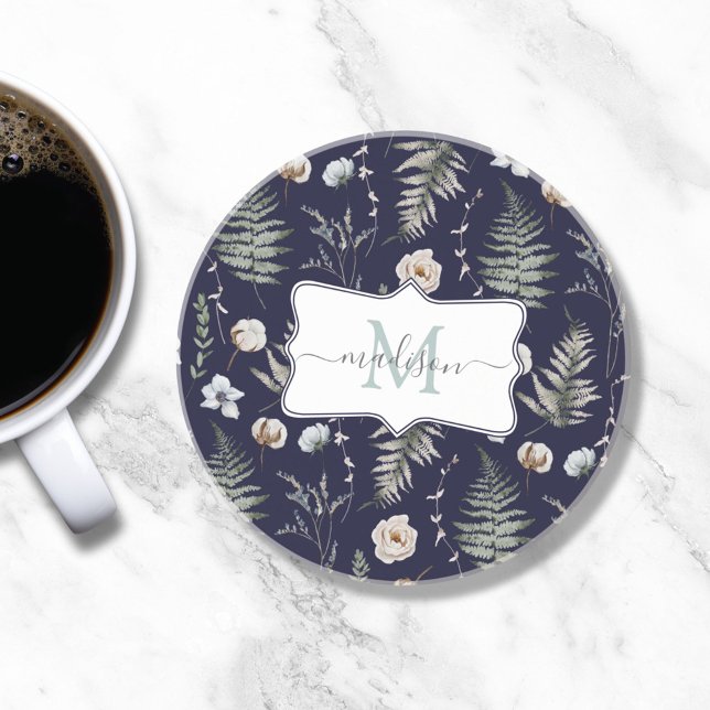 Monogram Flowers and Fern Leaves Floral Botanical Coaster (In situ)