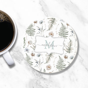 Monogram Flowers and Fern Leaves Floral Botanical Coaster