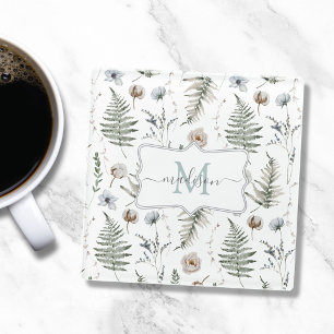 Monogram Flowers and Fern Leaves Floral Botanical Glass Coaster