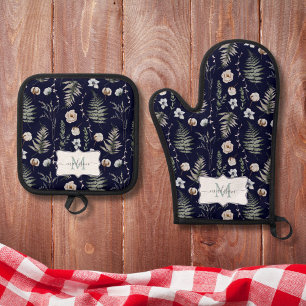 Monogram Flowers and Fern Leaves Floral Botanical Oven Mitt & Pot Holder Set