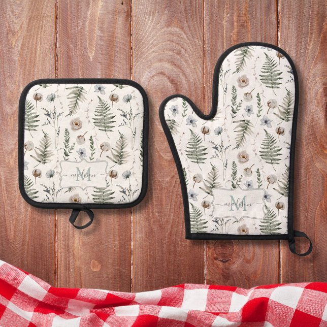 Monogram Flowers and Fern Leaves Floral Botanical Oven Mitt & Pot Holder Set (In situ)