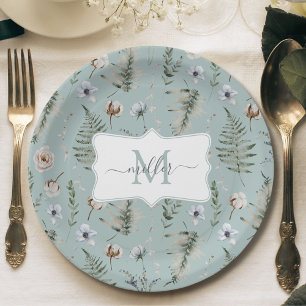 Monogram Flowers and Fern Leaves Floral Botanical Paper Plate