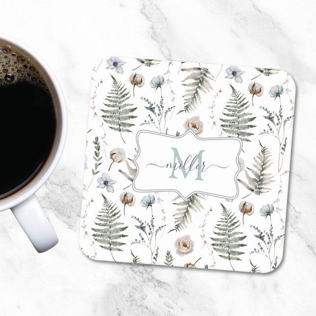 Monogram Flowers and Fern Leaves Floral Botanical Square Paper Coaster (In situ)
