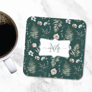 Monogram Flowers and Fern Leaves Floral Botanical Square Paper Coaster