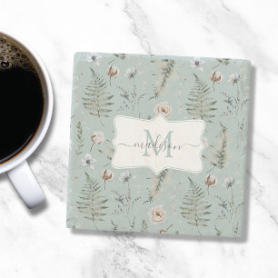 Monogram Flowers and Fern Leaves Floral Botanical Stone Coaster