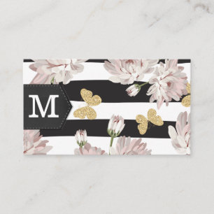 Monogram Flowers Glitter Butterflies Stripe Business Card