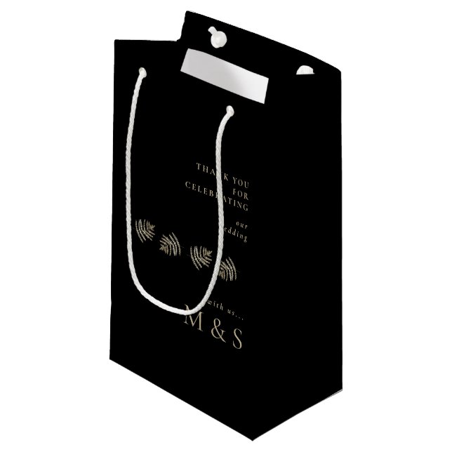 Monogram Foliage Wedding Black Welcome Small Gift Bag (Front Angled)