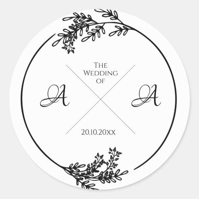Monogram, Foliage, Wedding, Engagement Classic Round Sticker (Front)