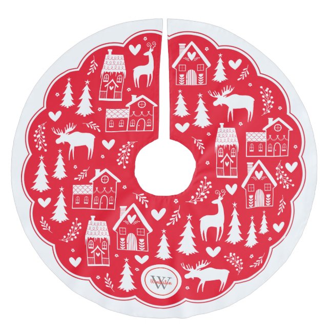 Monogram Folk Art Holiday Christmas Tree Skirt (Front)