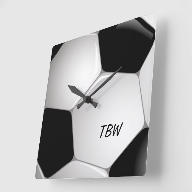 Monogram Football Soccer Ball Square Wall Clock (Angle)