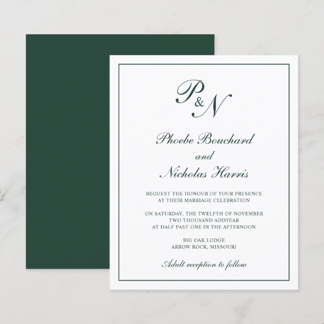 Monogram Forest Green Budget Wedding Invitation (Front/Back)