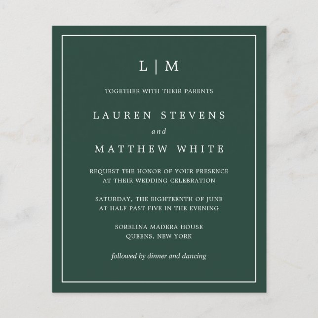 Monogram Forest Green Budget Wedding Invitation (Front)