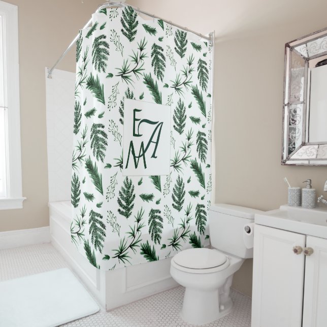 Monogram Forest Green Leaves Botanical 3 Initials Shower Curtain (In Situ)
