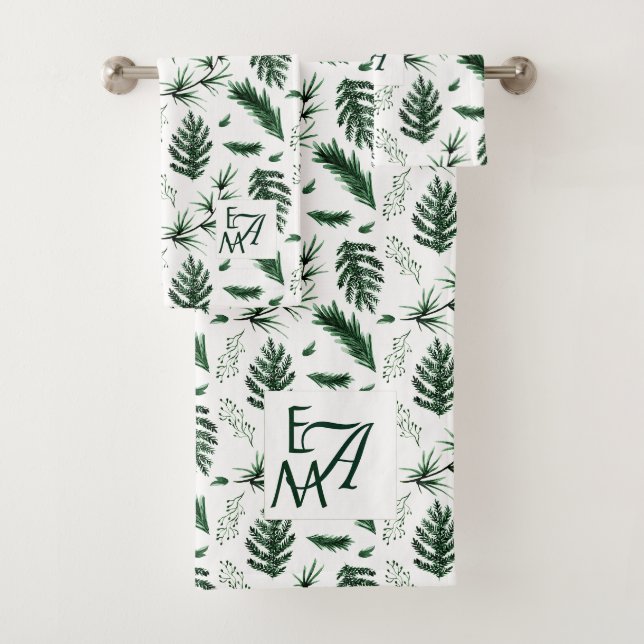 Monogram Forest Green Leaves Newlyweds Wedding Bath Towel Set (Insitu)