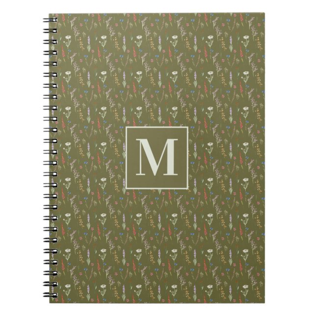 Monogram Forest Green Watercolor Wildflower Garden Notebook (Front)