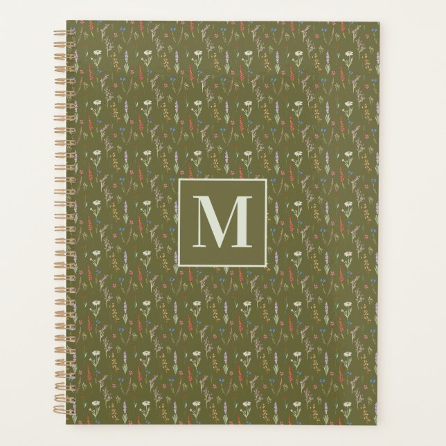 Monogram Forest Green Watercolor Wildflower Garden Planner (Front)
