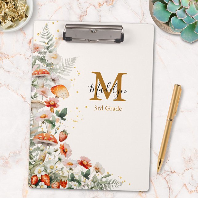 Monogram Forest Mushrooms Flowers Floral botanical Clipboard (In situ)