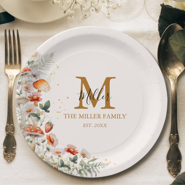 Monogram Forest Mushrooms Flowers Floral botanical Paper Plate (In situ)
